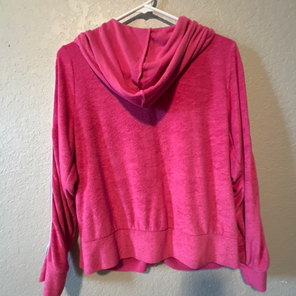 Vintage Style Bright Pink Zip-Up Hoodie with Rainbow Stripes - Picture 2 of 7